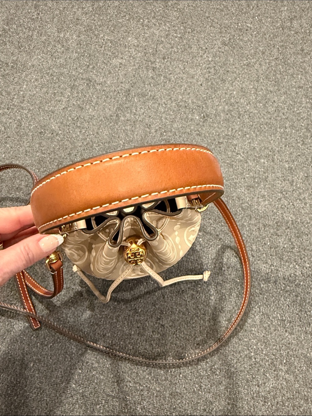 Tory Burch Beige Embossed Monogram Mini Bucket Bag - Picture 3 of 11